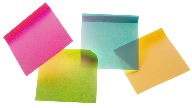 Four translucent square sticky notes in pink green blue and yellow, isolated on transparent background