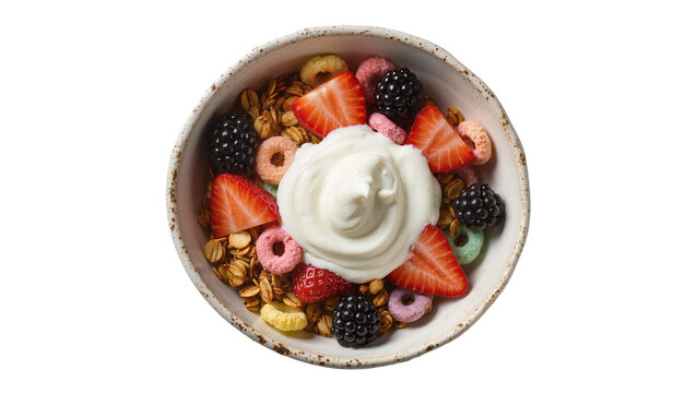 Colorful cereal bowl with yogurt strawberries and blackberries, isolated on transparent background