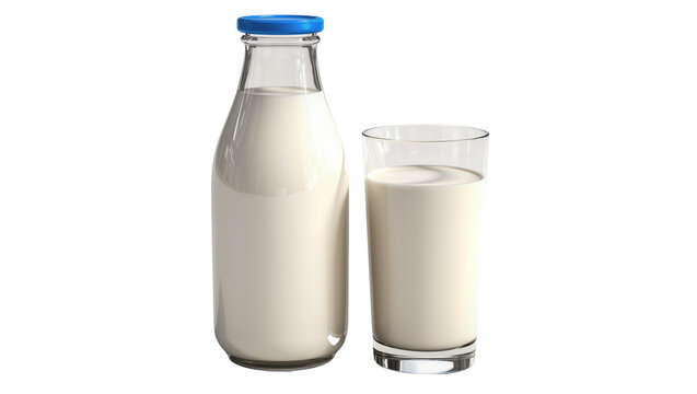 Glass bottle with blue cap filled with milk next to a glass of milk, isolated on transparent background