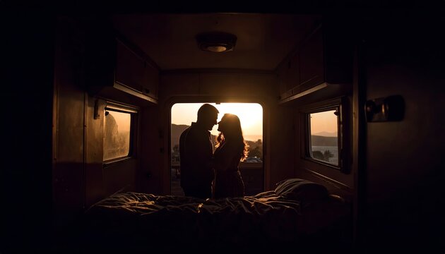 Silhouette of a couple sharing a romantic moment inside a cozy camper van