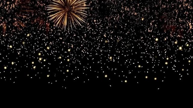 Gold and silver fireworks burst lighting night sky with golden sparkle festive celebration mood