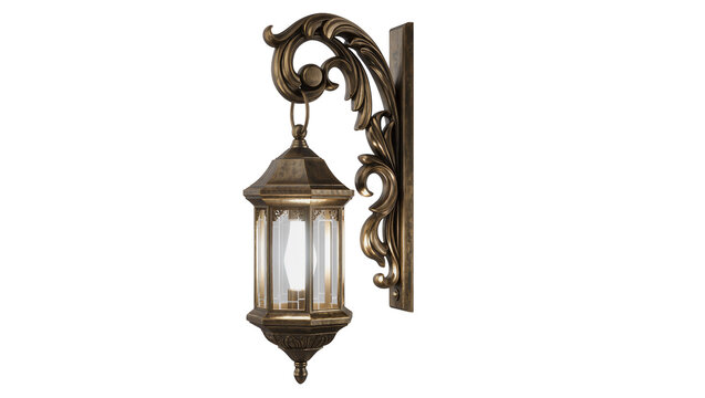 Ornate bronze lantern with glass panels mounted on decorative scroll bracket, isolated on transparent background