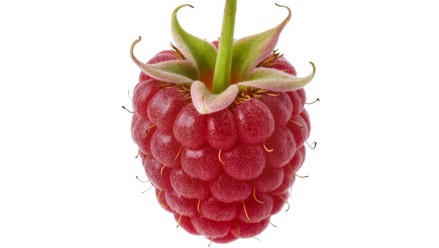 Single ripe red raspberry with green stem and leaves, isolated on transparent background