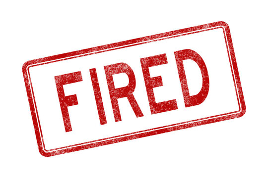 Red distressed Fired stamp isolated on white for being laid off