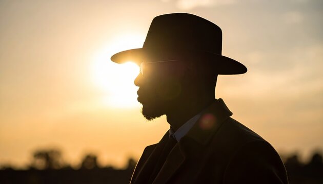 Silhouette of a man in hat against golden hour sunset, cinematic intrigue