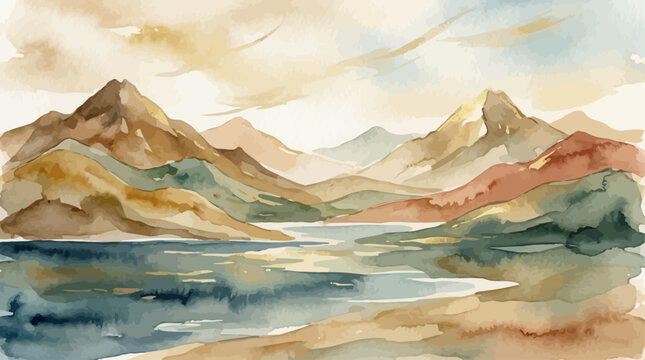 Contemporary abstract landscape painting featuring stylized minimalist mountains and rolling hills overlooking a calm sea or lake in earthy terracotta, sienna, and ochre color palette.