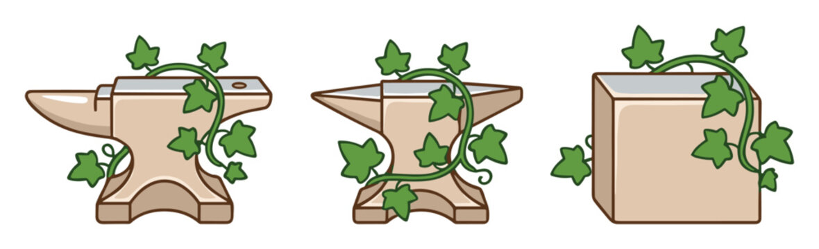 Set of three cartoon blacksmith anvils and blocks wrapped in green ivy vines.
