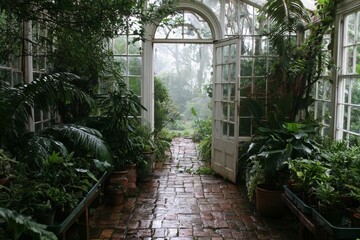 Obraz premium A greenhouse doorway after rain with plant trays featuring wet brick floor, clear spatial layout.