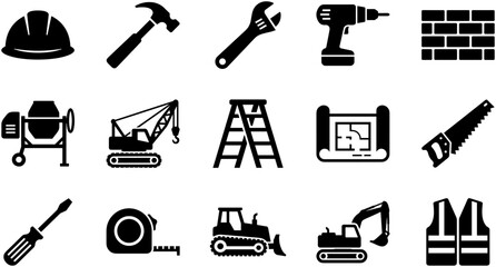 Set of construction and industrial work tools and equipment icons. © barry
