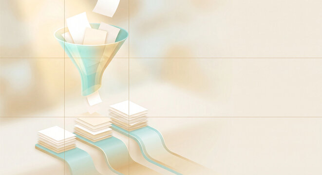 Document funnel illustration showing automated data processing on cream background