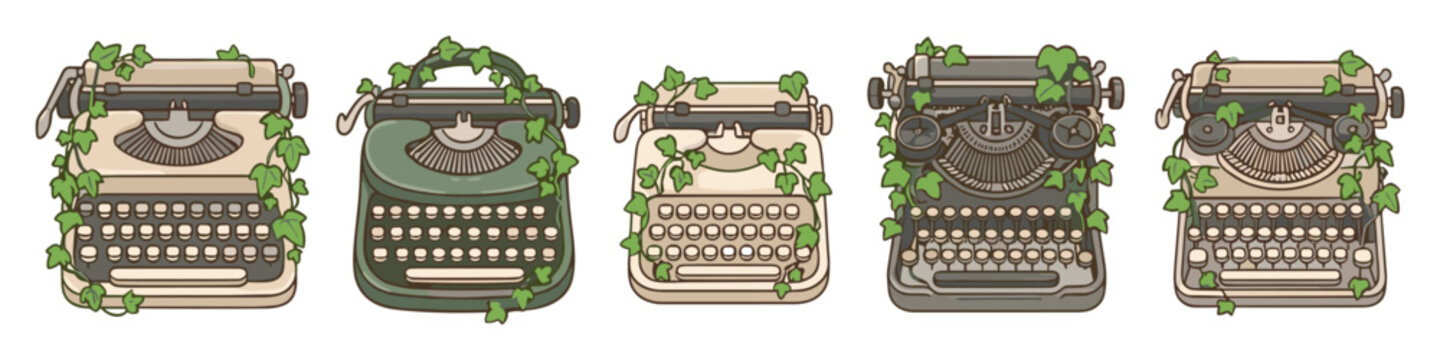 Five vintage typewriters overgrown with green ivy on white background