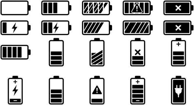 Set of various battery level and status indicator icons.