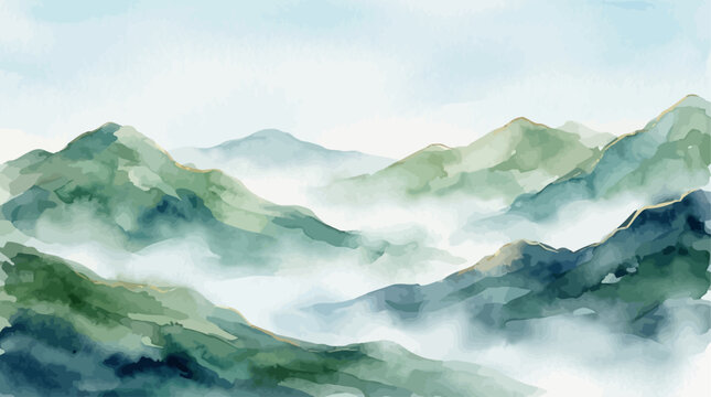 Abstract Art Background with Misty Mountain and Rolling Hill in Emerald Green and Azure Blue Tones under Fog Atmosphere, Minimalist Landscape Illustration Design