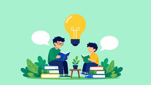 Conceptual illustration of a reader on a book staircase, symbolizing the path of education, knowledge, and personal growth towards new opportunities