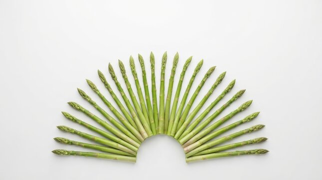 Green asparagus spears arranged in a semicircle on white background.