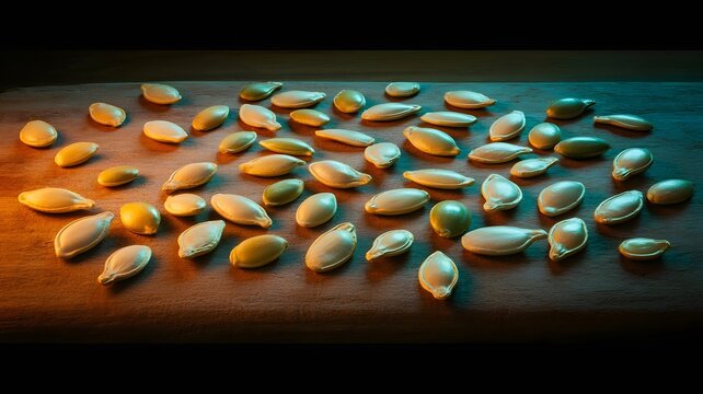 Many scattered roasted pumpkin seeds on a dark wooden table with warm and cool lighting
