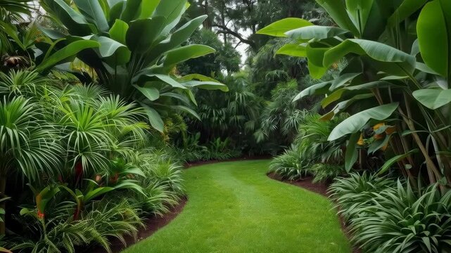 Lush tropical garden pathway framed by broad green leaves and manicured lawn, serene pathway