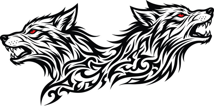 Black and white illustration of a two headed wolf with tribal style fur patterns on white background