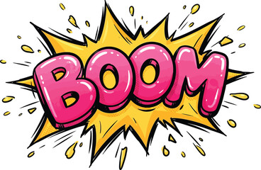 Colorful comic book style explosion graphic with the word boom written in bold pink letters © RubinaIslam