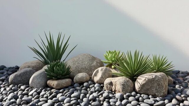 Succulent arrangement with decorative rocks and smooth pebbles minimalist garden serene rock garden