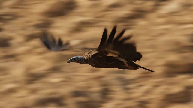 Soaring eagle in flight against desert landscape