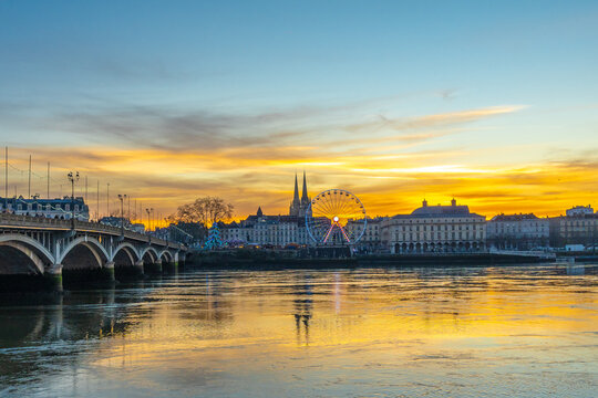 Bayonne, france city skyline at sunset with ferris wheel