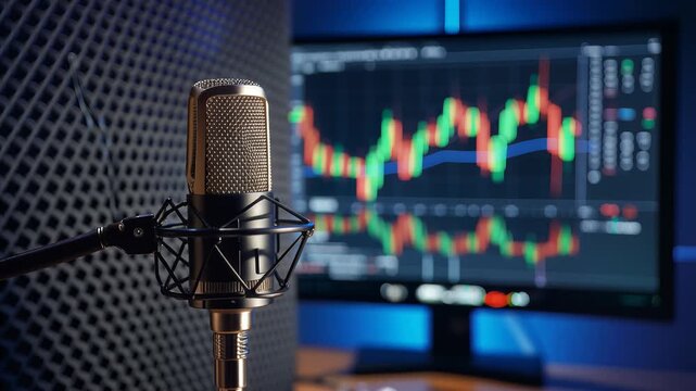 Close-up cinematic shot of studio microphone in soundproof booth with dynamic financial stock market graph data displayed on blurred monitor in background, symbolizing audio recording, podcasting