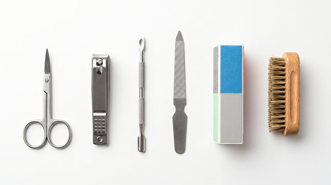 Set of professional manicure tools arranged in a row on a white background.