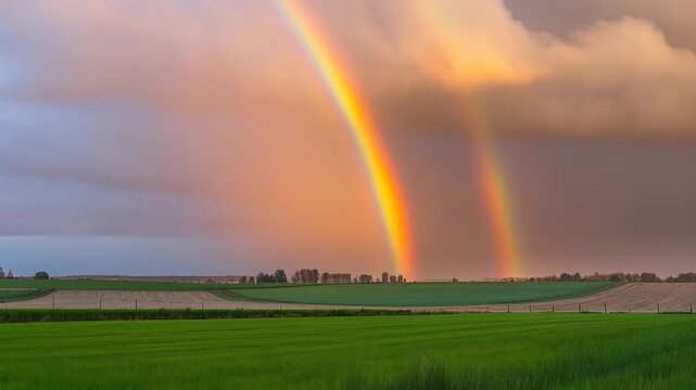 Double rainbow arching over green farmland and field golden sunset with distant trees and serene