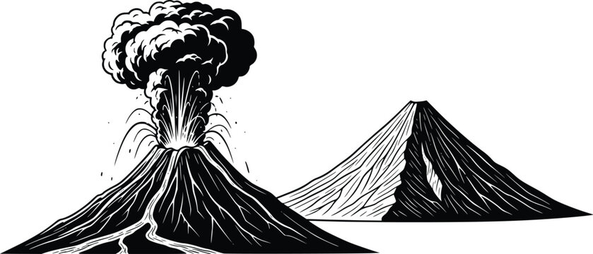 Dibujo en blanco y negro de un volc&aacute;n en erupci&oacute;n y una monta&ntilde;a