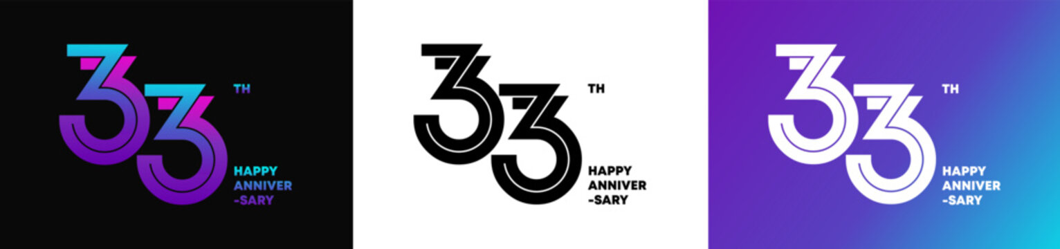 33rd Happy Anniversary Typography Logo Collection on Black, White and Purple Gradient Backgrounds. Editable color and file.