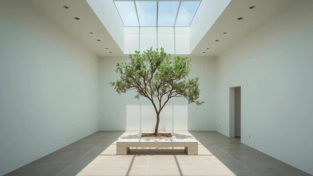 Minimalist interior with indoor tree skylight casting soft shadows calm natural sunlight bench
