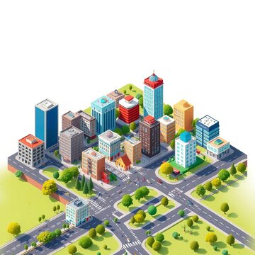 Isometric illustration of city buildings and roads, template, building