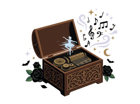 Enchanted Halloween Music Box with Ghostly Ballerina, Floating Musical Notes and Gothic Roses Vector Illustration
