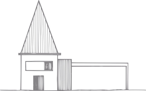 Dibujo minimalista a mano de una casa moderna con un alto tejado puntiagudo