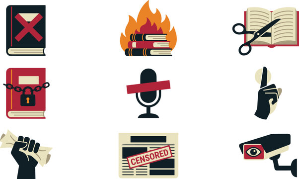 Censorship and Freedom of Speech Ban Vector Icon Set Featuring Burning Books Censored Newspaper Surveillance Camera Blocked Microphones and Silenced Voice Symbols