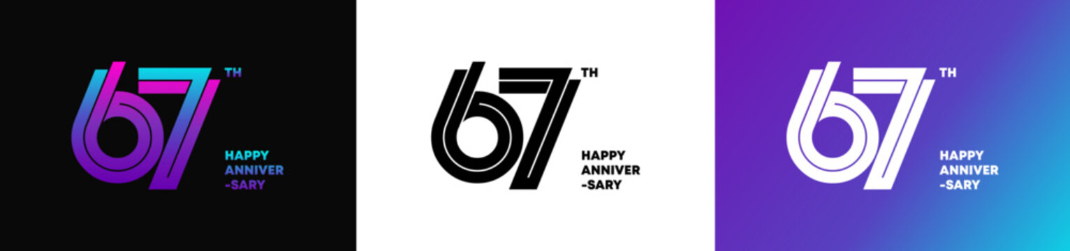67th Happy Anniversary Typography Logo Collection on Black, White and Purple Gradient Backgrounds. Editable color and file.