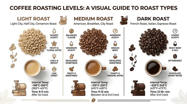 Coffee roasting levels infographic showing light medium and dark roast beans and cups of coffee