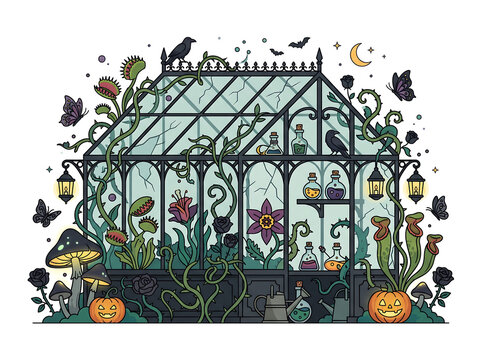 Spooky Halloween Greenhouse with Carnivorous Plants, Pumpkins, Ravens and Magic Potions &ndash; Dark Botanical Vector Illustration