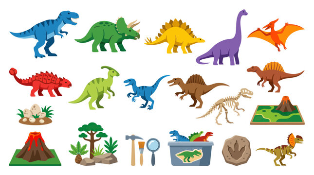 Prehistoric Dinosaur World Flat Design Vector Illustration Set with Various Species, Paleontology Elements