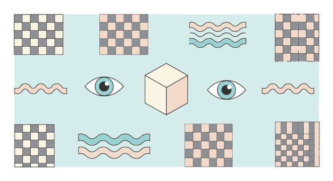 Memphis style geometric toolkit featuring checkerboard patterns, wavy lines, stylized eye icons, and a central isometric cube in pastel mint, peach, and grey retro aesthetic.