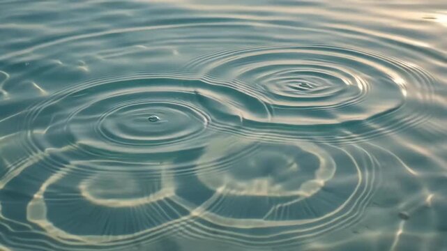 Symmetrical ripples spreading across a crystal clear turquoise water surface with gentle reflections and soft sunlight