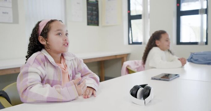 African American children sitting in class watching speaker, peer entering with tablet, copy space