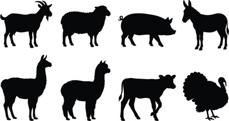 Collection of farm animal black silhouettes including sheep pig and alpaca vector illustration on white background © Mst
