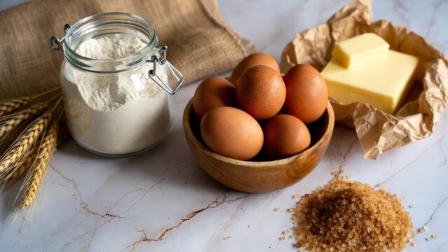 Baking ingredients flour eggs sugar and butter.