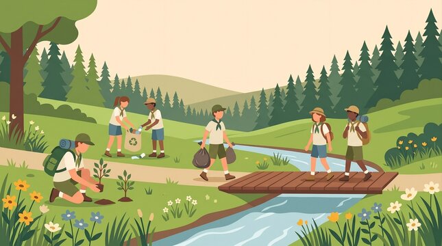 Young boy and girl scouts picking up litter and planting saplings in forest vector illustration