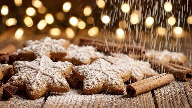 Gingerbread cookies, cinnamon and falling sugar create a warm traditional Christmas food background.