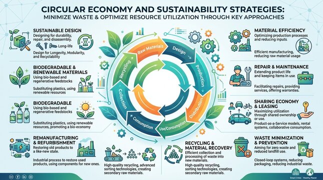 A detailed infographic illustrating circular economy principles, showcasing sustainable production, resource optimization, renewable energy, and waste reduction through interconnected eco‑friendly str