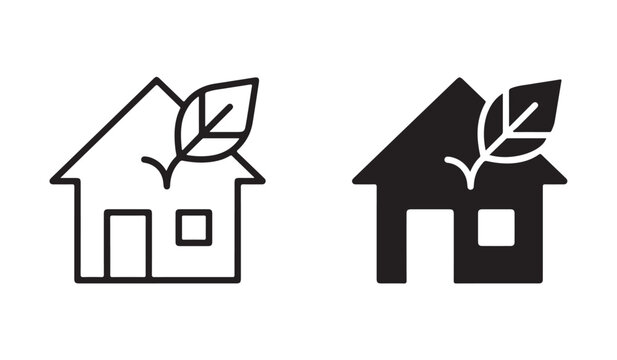 Environmentally friendly house icon with leaf. Concept of green lifestyle, eco home, sustainable architecture, clean environment, renewable energy and nature protection.