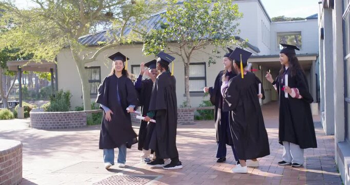Diverse grads in gowns entering right gathering in quad showing diplomas tossing caps celebrating